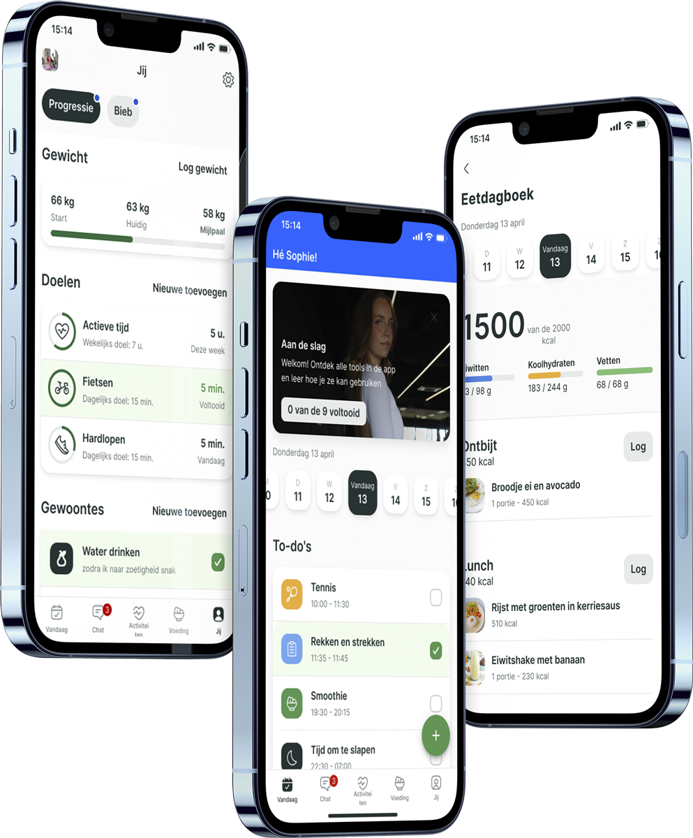 Een mockup van de coaching app die de functies laat zien.